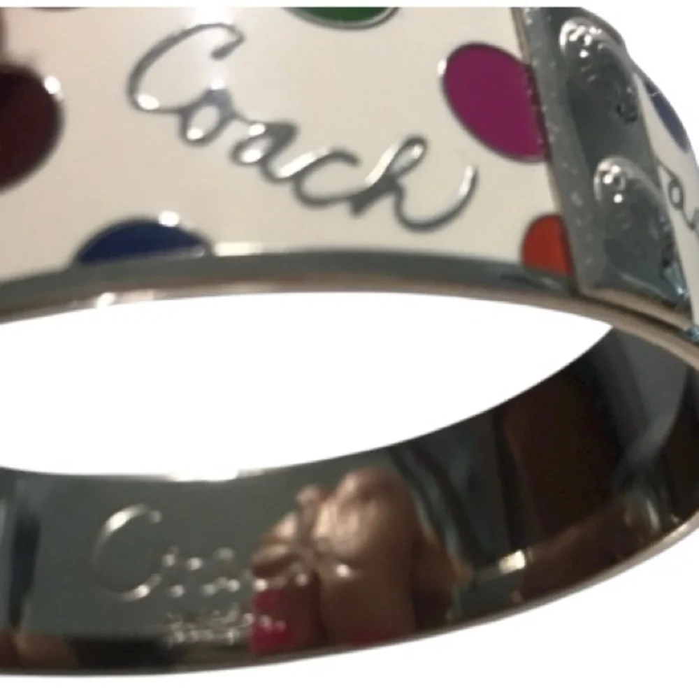 Coach Y2K White Enamel w/Multicolor Polka Dots Silver-Plated Bangle (7.5”D) NWOT - Picture 4 of 6